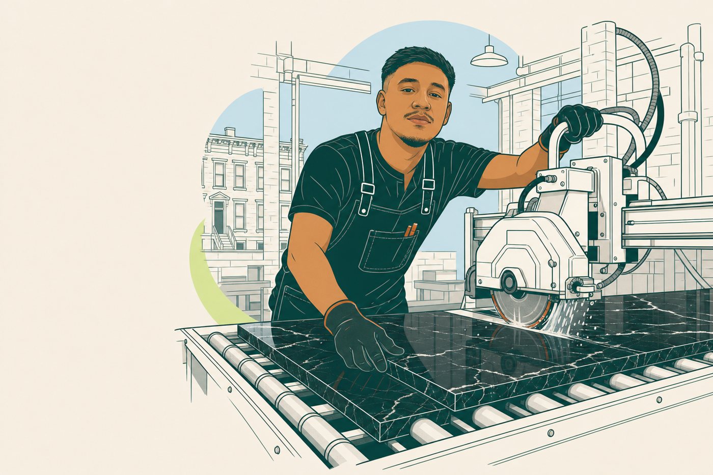 Illustration: Chris fabricating black quartz in the shop