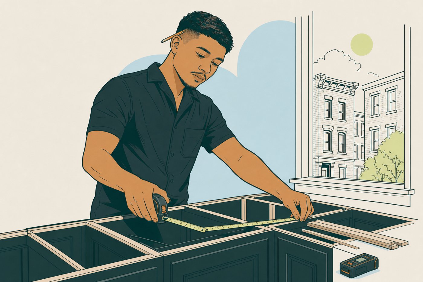 Illustration: Chris measuring new cabinets